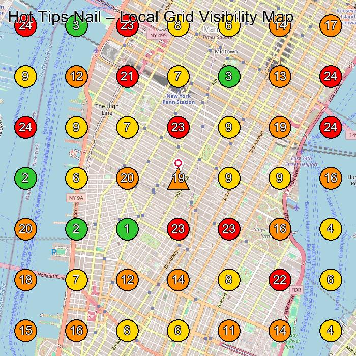 Hot Tips Nail Nail Salon GeoGrid ranking map for New York NY